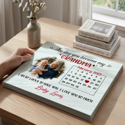 Custom calendar photo canvas with baby picture and birth date, The Day You Became My Grandma gift for new grandmothers.
