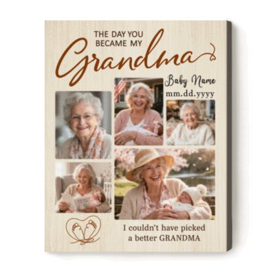 Gift for Grandma - Custom Nana Photo Collage Canvas featuring custom name Jennifer and date, with multiple heartwarming photos of a grandmother holding her grandchild, designed as a sentimental Mother’s Day gift for new grandma with the quote “The Day You Became My Grandma.”