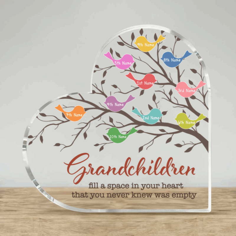 Personalized Grandparents Gift - Custom Family Tree Heart Plaque featuring colorful birds with grandkids’ names, designed as a sentimental gift for grandparents with the quote “Grandchildren fill a space in your heart that you never knew was empty.”