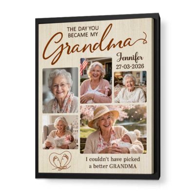 Gift for Grandma - Custom Nana Photo Collage Canvas featuring custom name Jennifer and date, with multiple heartwarming photos of a grandmother holding her grandchild, designed as a sentimental Mother’s Day gift for new grandma with the quote “The Day You Became My Grandma.”