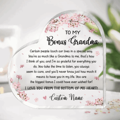 Bonus Grandma Gift - To My Bonus Grandma Heart Acrylic Plaque with cherry blossom design featuring “To My Bonus Grandma” message and personalized kid name, a sentimental thank you gift for step grandma or second nana.