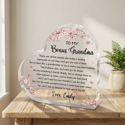 Bonus Grandma Gift - To My Bonus Grandma Heart Acrylic Plaque with cherry blossom design featuring “To My Bonus Grandma” message and personalized kid name, a sentimental thank you gift for step grandma or second nana.