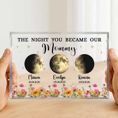 Personalized birth moon phase plaque with custom date, names, and celestial design. Mother’s Day gift for mom and birthday gift from kids.