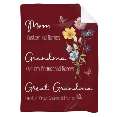 Mothers Day Gift for Great Grandma - Custom Kids Name Great Grandma Blanket with custom kids names, floral design, and “Mom, Grandma, Great Grandma” text in a cozy living room setting.