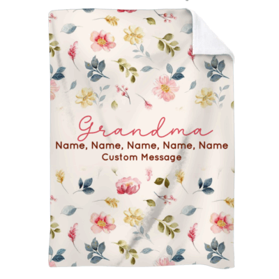 Grandma Blanket with Grandkids Names - Personalized Gift for Grandma with flower pattern featuring grandkids’ names and custom message, a cozy and sentimental Mother’s Day gift for grandma or nana.