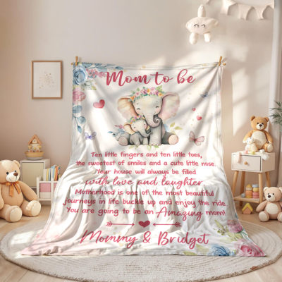 Custom Name Elephant Blanket for Mom to Be, soft pregnancy gift, Mother’s Day gift for expecting mom from husband.