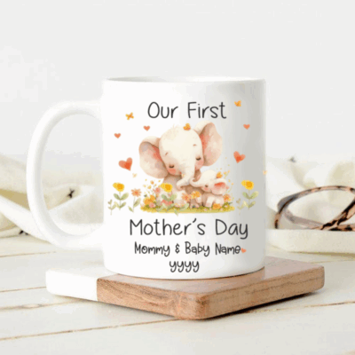 Personalized Our First Mothers Day Mug – Custom Name First Time Mom Gift - Cute Mom & Baby Animal Mug - First Mother’s Day Gift from Baby