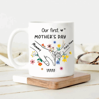 Personalized First Mother’s Day Mug - Custom Mommy Gift with Baby Name - New Mom Coffee Cup 2026 - Cute Floral Mom Keepsake Gift