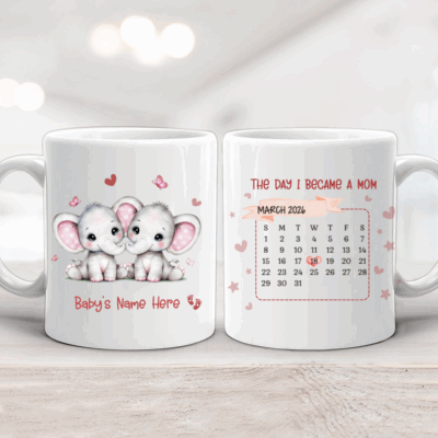 Personalized twin mom calendar mug with names cute elephant design, custom names, and Mother’s Day first-time mom gift.