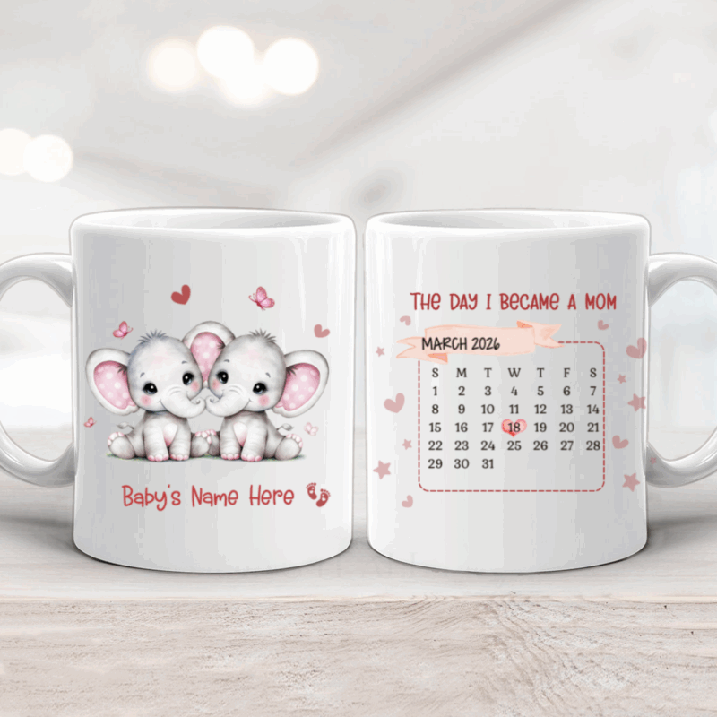 Personalized twin mom calendar mug with names cute elephant design, custom names, and Mother’s Day first-time mom gift.