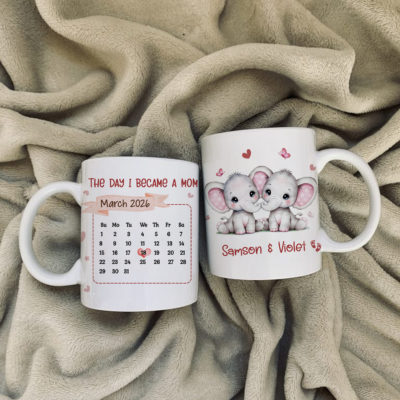 Personalized twin mom calendar mug with names cute elephant design, custom names, and Mother’s Day first-time mom gift.