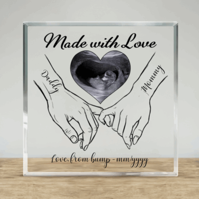 Personalized ultrasound acrylic plaque with custom baby scan photo, names, and elegant design. Pregnancy keepsake gift for expecting parents.