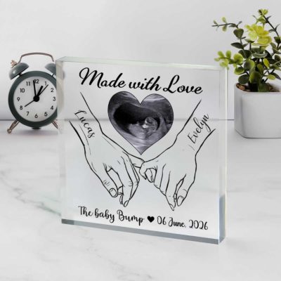 Personalized ultrasound acrylic plaque with custom baby scan photo, names, and elegant design. Pregnancy keepsake gift for expecting parents.