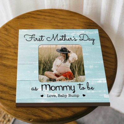 Personalized Photo Canvas for Mom To Be - First Mothers Day Giftfeaturing a pregnant woman image, “First Mother’s Day as Mommy to be” quote, rustic wood background, custom message gift for expecting mom