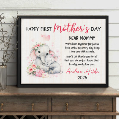 First Mother's Day Canvas With Baby Name - Personalized New Mom Gift that including cute elephant illustration, a heartfelt message from the baby, it's perfect for a pastel nursery wall art and gift for a new mom
