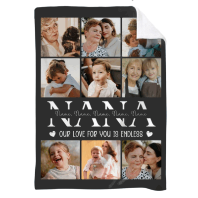 Personalized Photo Collage Blanket for Nana – Grandma Gift with multiple family pictures, grandkids names, “Our love for you is endless” quote, custom Nana gift for Mother’s Day