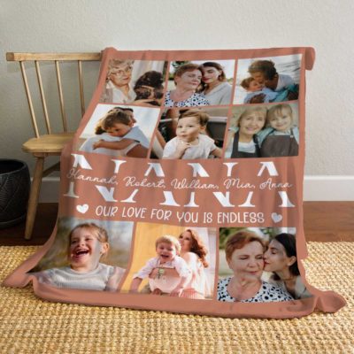 Personalized Photo Collage Blanket for Nana – Grandma Gift with multiple family pictures, grandkids names, “Our love for you is endless” quote, custom Nana gift for Mother’s Day