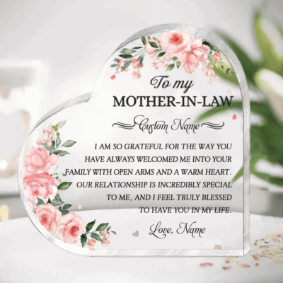 Personalized Mother In Law Heart Acrylic - Morthers Day Gift with soft pink floral design, custom name, and heartfelt message, displayed as a meaningful Mother’s Day gift.