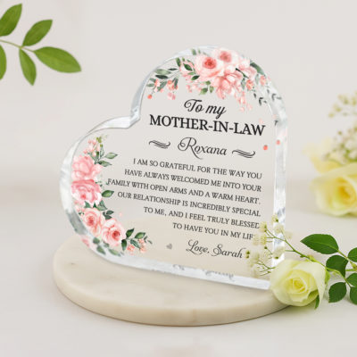 Personalized Mother In Law Heart Acrylic - Morthers Day Gift with soft pink floral design, custom name, and heartfelt message, displayed as a meaningful Mother’s Day gift.