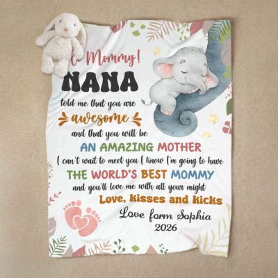Personalized The Bump Blanket With Baby Name - First Mothers Day Gift with cute elephant design, custom baby name and heartfelt message for expecting mom, perfect First Mother’s Day gift and mom-to-be keepsake.