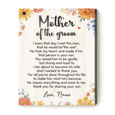 Custom Wedding Canvas for Mother of the Groom with personalized poem and photo, sentimental gift from future daughter-in-law to groom’s mother.