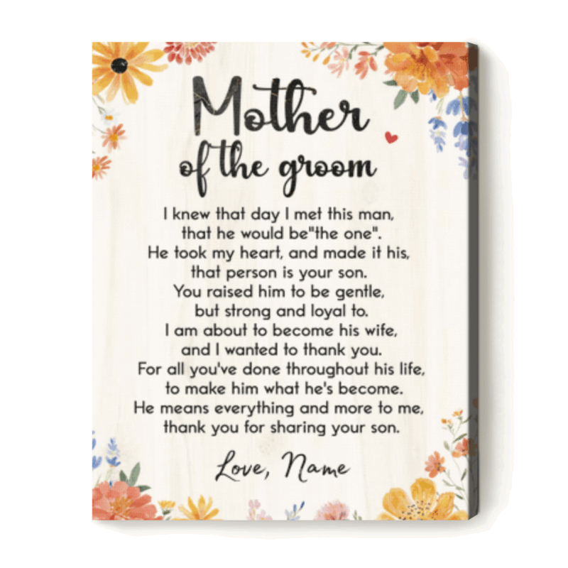 Custom Wedding Canvas for Mother of the Groom with personalized poem and photo, sentimental gift from future daughter-in-law to groom’s mother.
