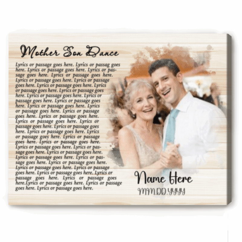 Personalized mother son dance canvas with custom photo and wedding song lyrics, sentimental wedding day gift from son and Mother’s Day keepsake.