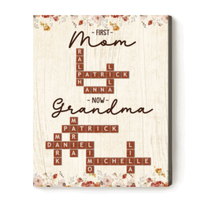 Custom crossword puzzle canvas with grandkids names, personalized Mother’s Day gift for grandma, First Mom Now Grandma family wall art.