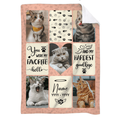 Custom cat remembrance blanket with personalized photo collage and memorial text, pet loss sympathy gift and in-loving-memory cat keepsake.