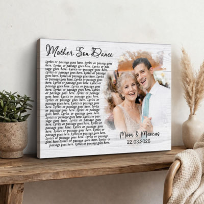 Personalized mother son dance canvas with custom photo and wedding song lyrics, sentimental wedding day gift from son and Mother’s Day keepsake.