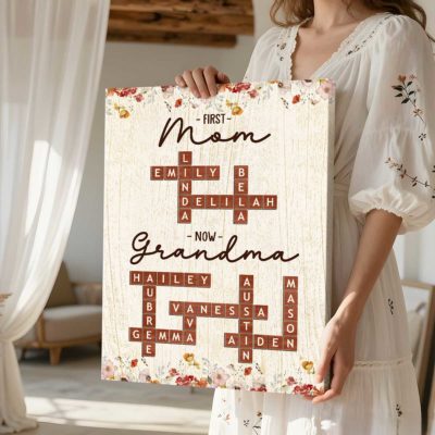 Custom crossword puzzle canvas with grandkids names, personalized Mother’s Day gift for grandma, First Mom Now Grandma family wall art.