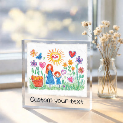 Custom Kids Drawing Acrylic Plaque, Personalized Mother’s Day gift with children’s artwork keepsake design.