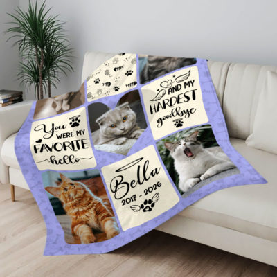 Custom cat remembrance blanket with personalized photo collage and memorial text, pet loss sympathy gift and in-loving-memory cat keepsake.