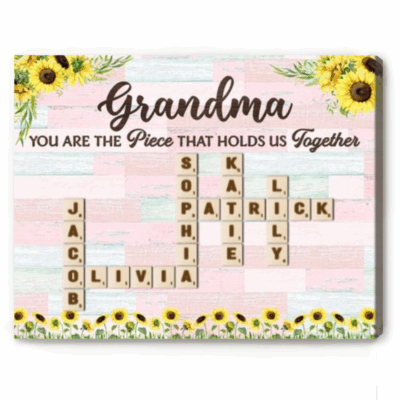 Personalized crossword name sign canvas with grandkids’ names, Mother’s Day Scrabble-style family gift for Nana.