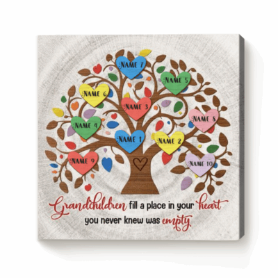 Personalized Grandma Family Tree Canvas with heart-shaped tree design and customizable grandchildren’s names, sentimental Mother’s Day gift from grandkids.