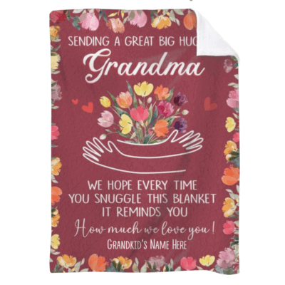 Custom Grandma blanket with floral design and personalized grandkids’ names, sentimental Mother’s Day 2026 hug throw blanket gift.