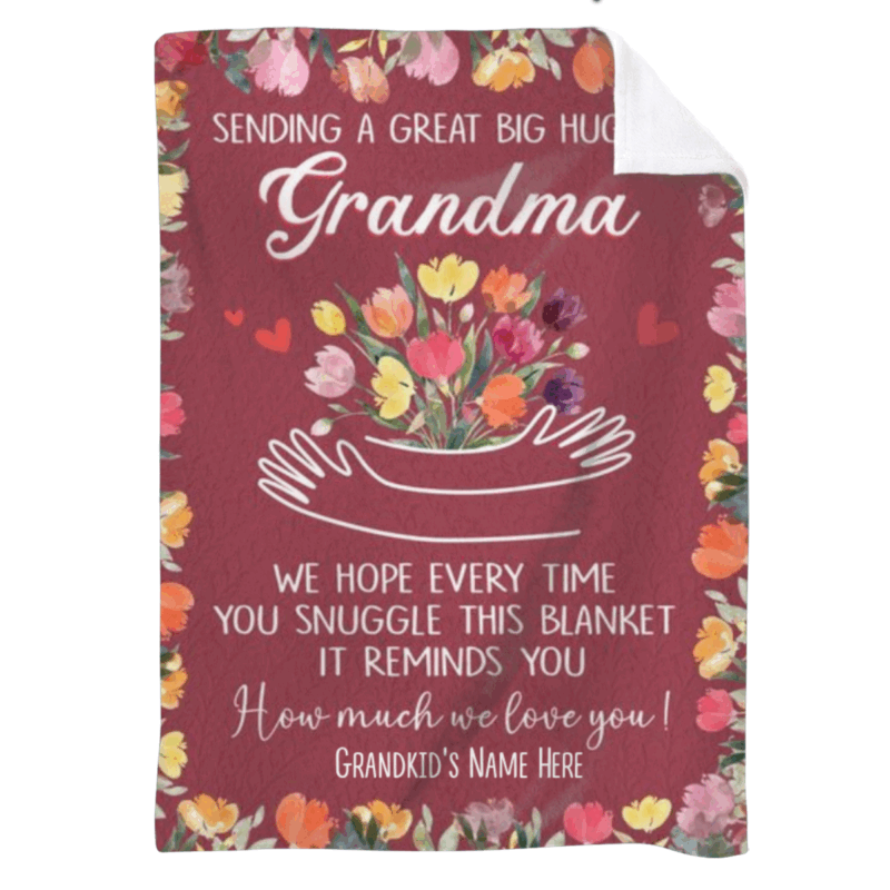 Custom Grandma blanket with floral design and personalized grandkids’ names, sentimental Mother’s Day 2026 hug throw blanket gift.