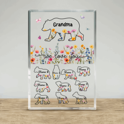 Custom floral bear acrylic plaque personalized with grandchildren’s names, Mother’s Day keepsake gift for Grandma.