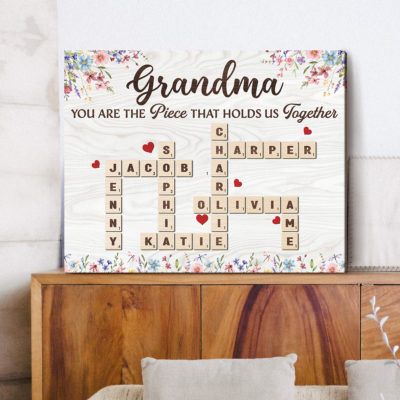 Custom crossword name sign canvas with grandkids’ names, Mother’s Day Scrabble-style family gift for Nana.