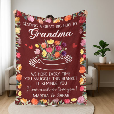 Custom Grandma blanket with floral design and personalized grandkids’ names, sentimental Mother’s Day 2026 hug throw blanket gift.