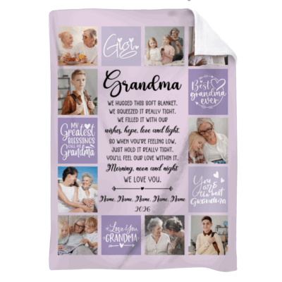 Custom Grandma Photo Blanket from Grandkids - Mothers Day Gift for Grandma with family pictures, heartfelt quote, and custom names, held up in a cozy living room as a meaningful Mother’s Day gift for grandma
