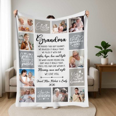 Custom Grandma Photo Blanket from Grandkids - Mothers Day Gift for Grandma with family pictures, heartfelt quote, and custom names, held up in a cozy living room as a meaningful Mother’s Day gift for grandma