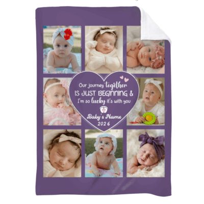 Custom Baby Photo Blanket Gift for Mom - Gift for Mom with 7 backgrounds, heart-shaped message, custom name, and multiple baby photos, held up in a cozy living room as a first Mother’s Day gift for mom