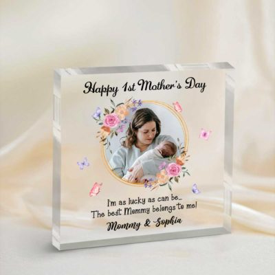 Happy First Mothers Day Photo Acrylic Block - Personalized Mothers Day Gift with mom and baby picture, floral frame, and “Happy 1st Mother’s Day” message with custom names, displayed on a table as a gift for new mom