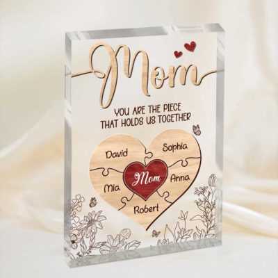 Personalized Puzzle Mom Plaque with Kids Names - Mothers Day Gift with heart-shaped design, kids names on puzzle pieces, and “You are the piece that holds us together” message, displayed as a meaningful gift for mom