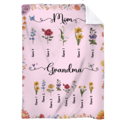 Personalized birth month flower blanket with grandkids’ names, Grandma’s garden floral design, custom Mother’s Day gift for Grandma.