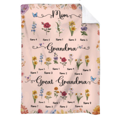 Personalized mom grandma great grandma blanket with birth month flowers and names, generational floral fleece Mother’s Day gift.