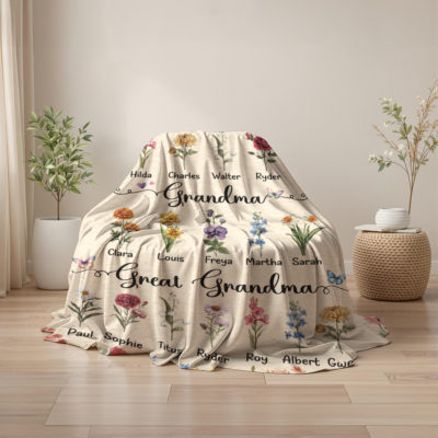 Personalized mom grandma great grandma blanket with birth month flowers and names, generational floral fleece Mother’s Day gift.