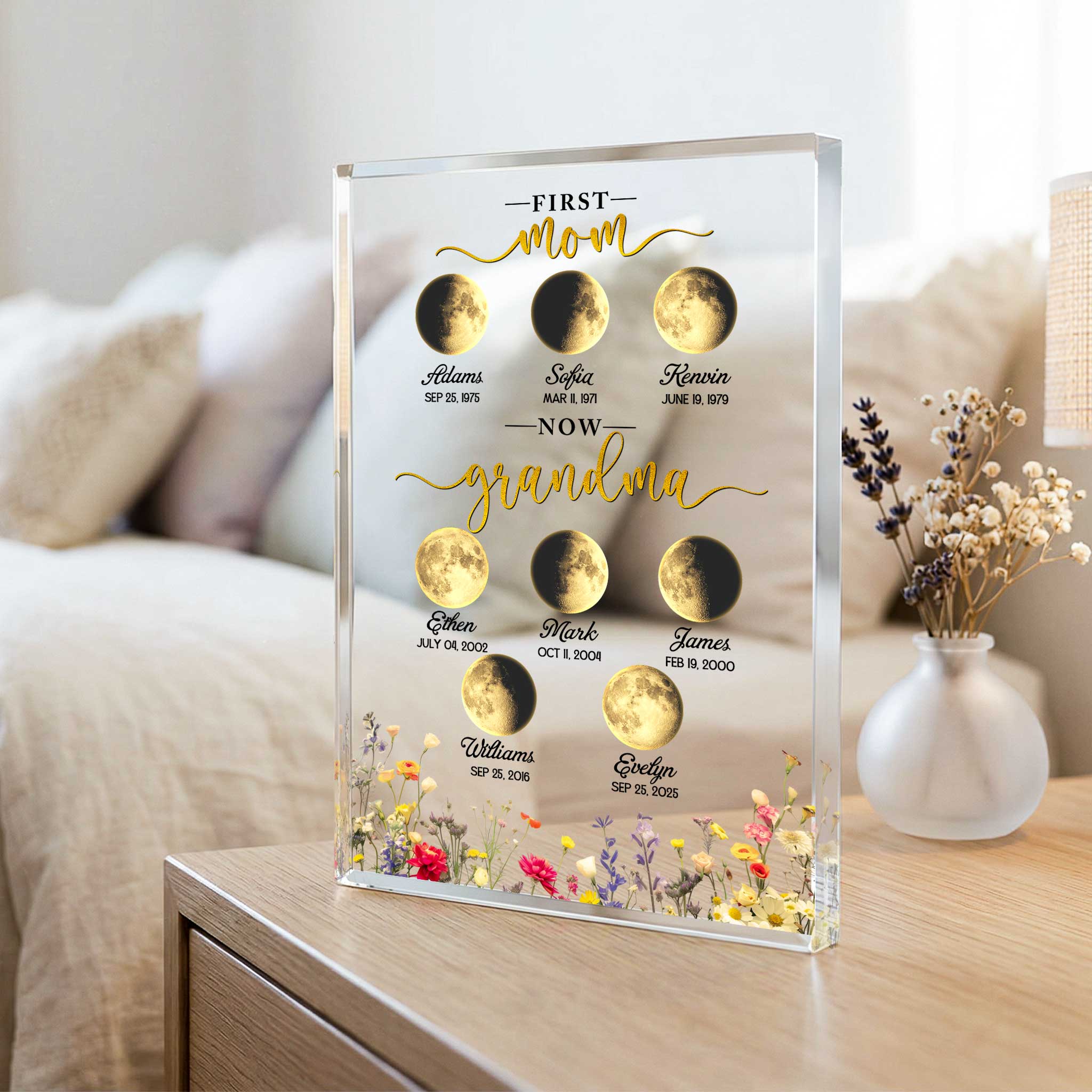 Personalized Moon Phase Acrylic Plaque - Custom Mother's Day Gift for Grandma - First Mom Now Grandma Keepsake - Birthday Gift with Names & Dates 1 Personalized moon phase acrylic plaque with custom names and dates, Mother’s Day gift for grandma, first mom now grandma celestial keepsake.