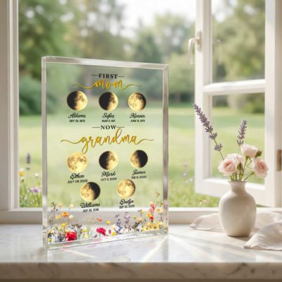 Personalized moon phase acrylic plaque with custom names and dates, Mother’s Day gift for grandma, first mom now grandma celestial keepsake.